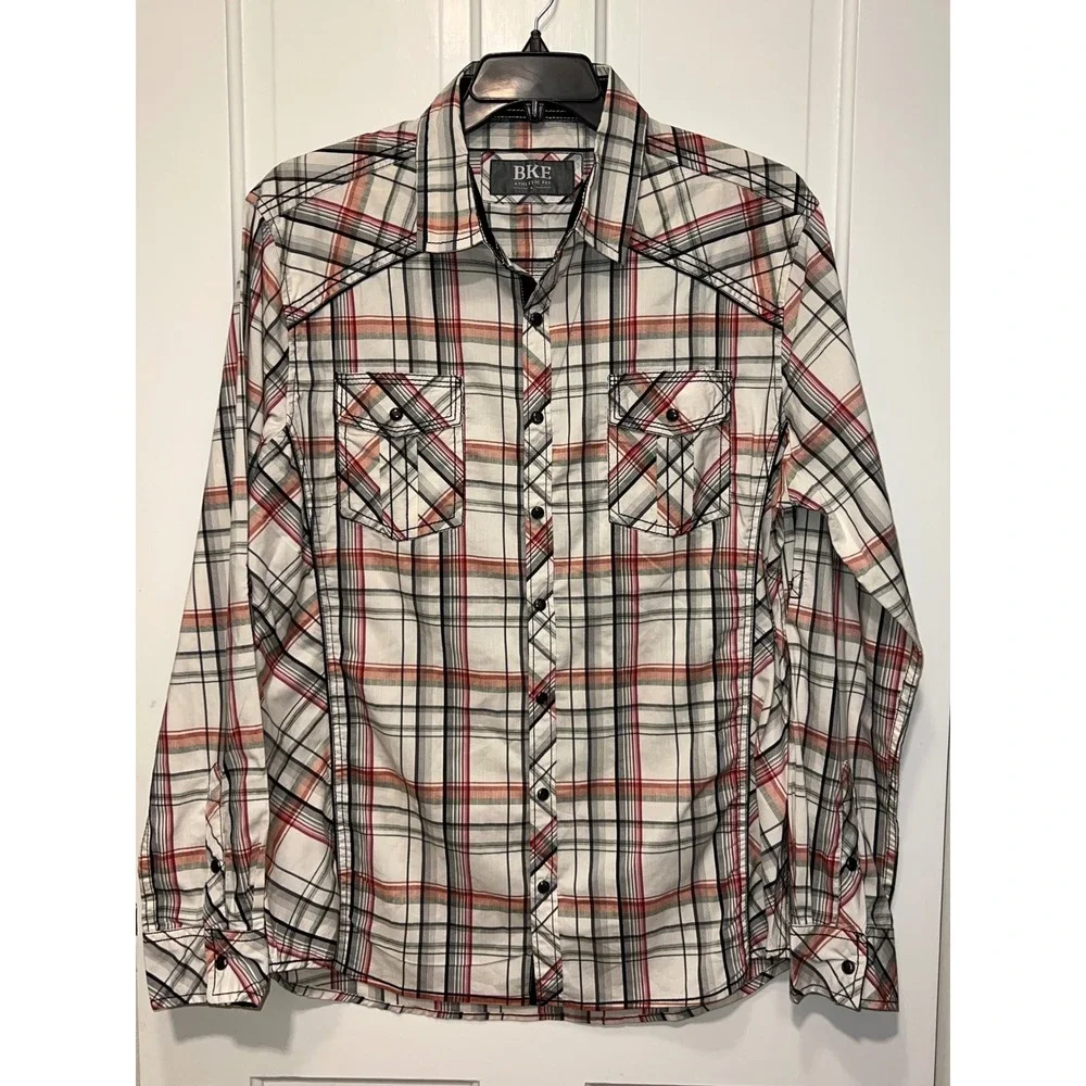 BKE Athletic Fit Mens Large Plaid Long Sleeve Button Pearl Snap Shirt